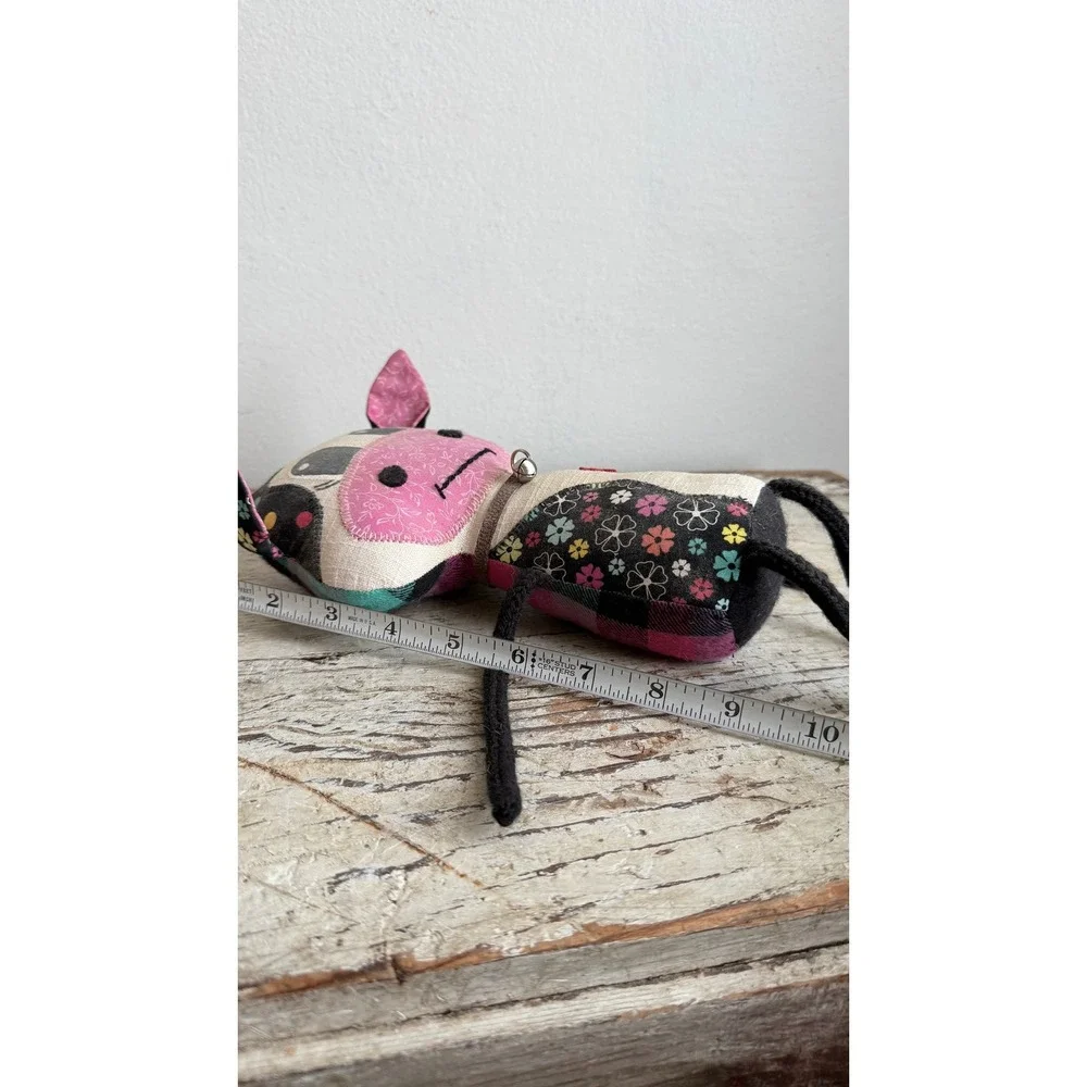 Pink Needle Felted Cow Plush Patchwork Floral Plaid Heart Bell Toy